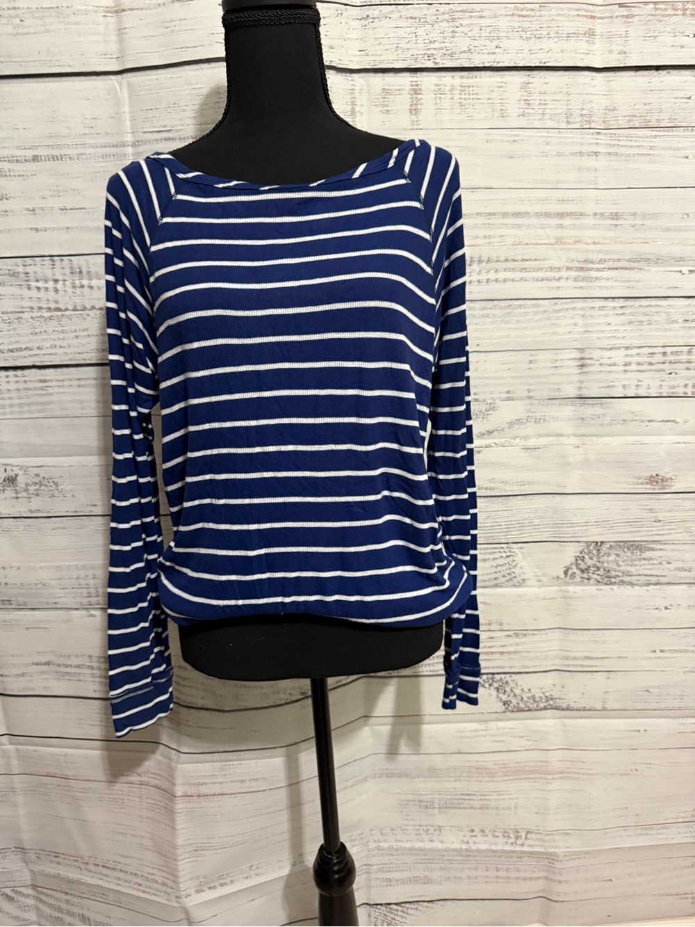 Tart Navy & White Striped Long-Sleeve Boatneck Top